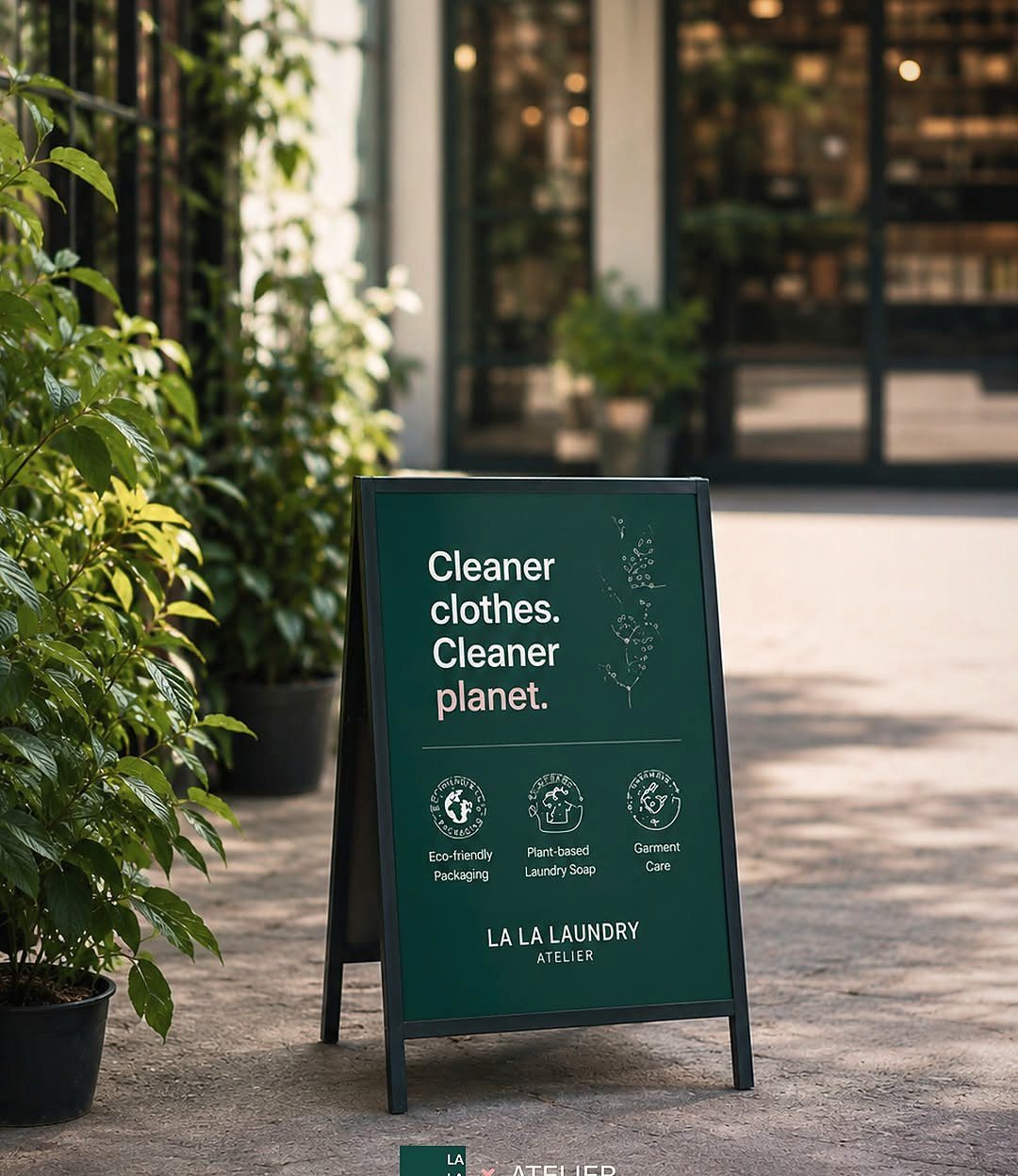 La Lá Laundry Atelier — sidewalk sign: cleaner clothes, cleaner planet